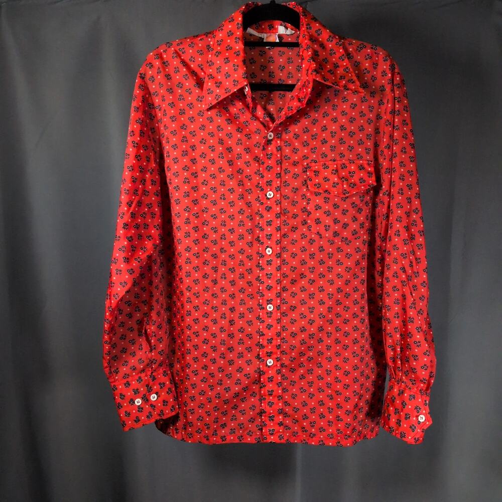 VTG 70s Skyr by Scandia Floral Nylon Men's Button Down Red Disco Mod Shirt Med